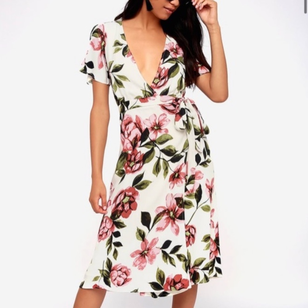 Lulus Maretta Cream Floral Print Wrap Midi Dress